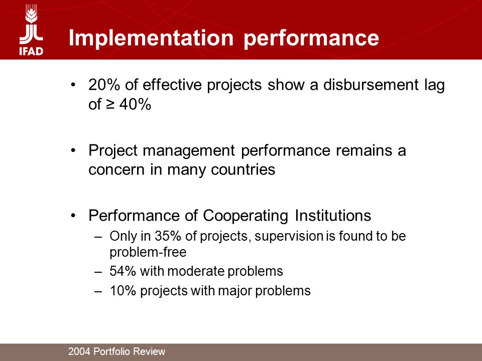 2004 Portfolio Review Implementation performance 20% of effective projects show a disbursement lag of ≥ 40% Project management performance remains a concern in many countries Performance of Cooperating Institutions –Only in 35% of projects, supervision is found to be problem-free –54% with moderate problems –10% projects with major problems
