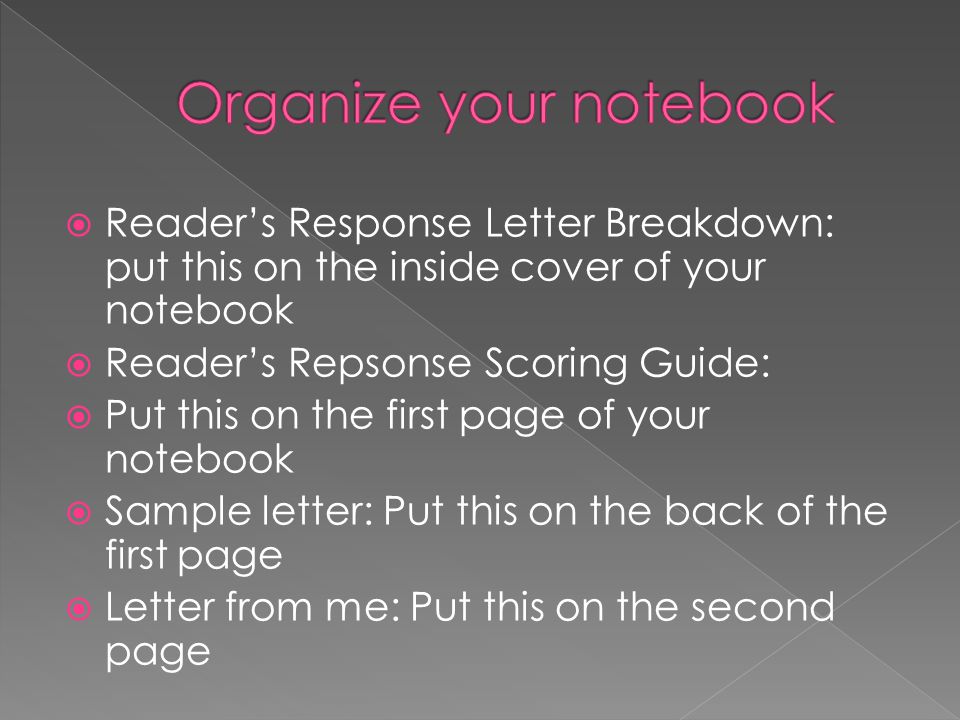  Reader’s Response Letter Breakdown: put this on the inside cover of your notebook  Reader’s Repsonse Scoring Guide:  Put this on the first page of your notebook  Sample letter: Put this on the back of the first page  Letter from me: Put this on the second page
