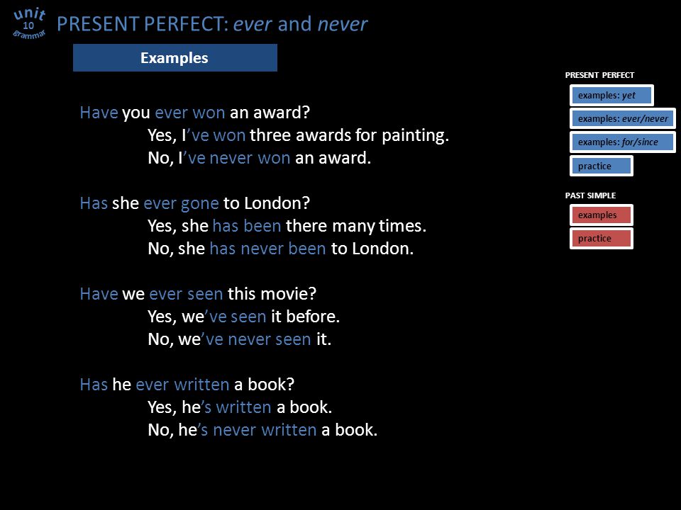 PRESENT PERFECT: ever and never 10 Have you ever won an award.