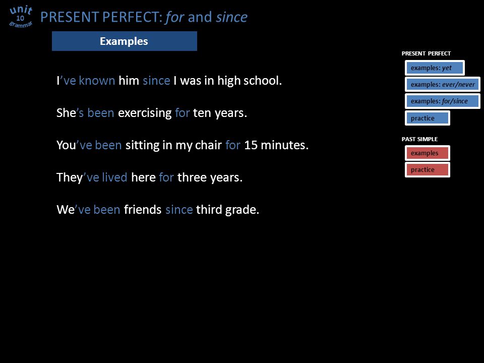 PRESENT PERFECT: for and since 10 I’ve known him since I was in high school.