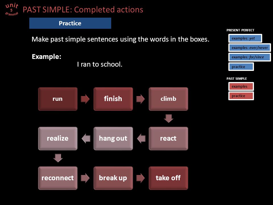 Example: I ran to school. Make past simple sentences using the words in the boxes.