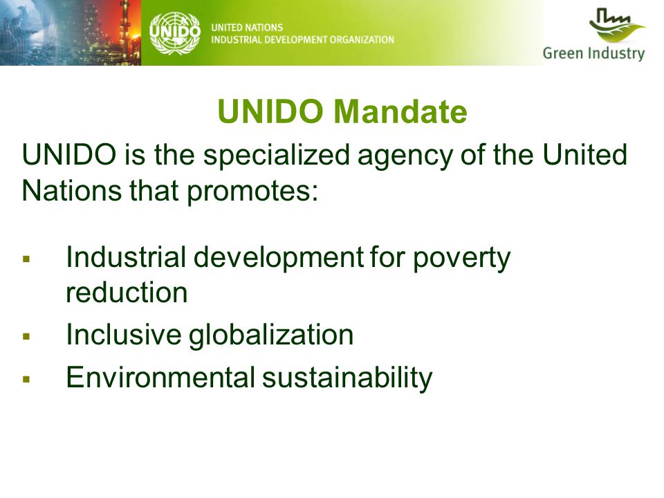 UNIDO Mandate UNIDO is the specialized agency of the United Nations that promotes:  Industrial development for poverty reduction  Inclusive globalization  Environmental sustainability