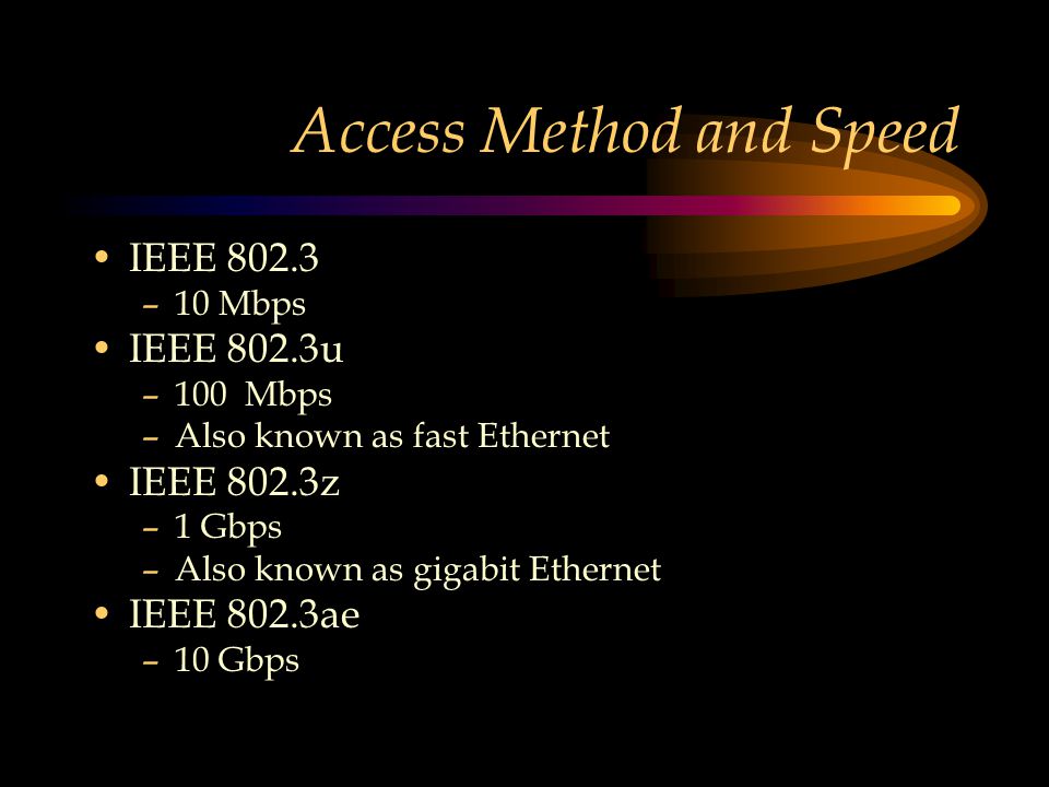 Access Method and Speed IEEE –10 Mbps IEEE 802.3u –100 Mbps –Also known as fast Ethernet IEEE 802.3z –1 Gbps –Also known as gigabit Ethernet IEEE 802.3ae –10 Gbps