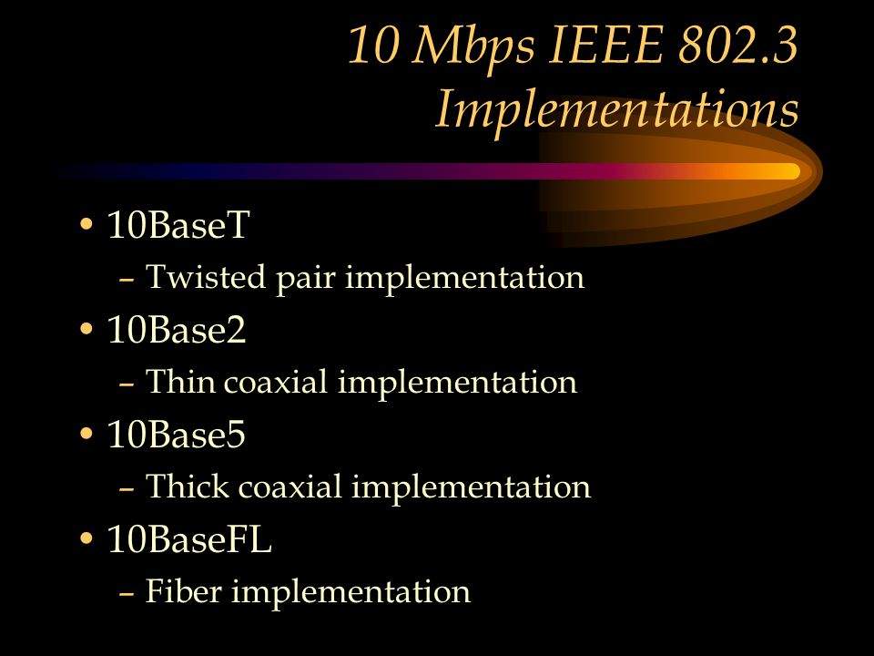 10 Mbps IEEE Implementations 10BaseT –Twisted pair implementation 10Base2 –Thin coaxial implementation 10Base5 –Thick coaxial implementation 10BaseFL –Fiber implementation