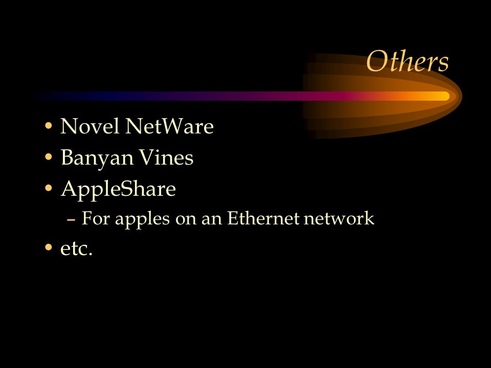 Others Novel NetWare Banyan Vines AppleShare –For apples on an Ethernet network etc.