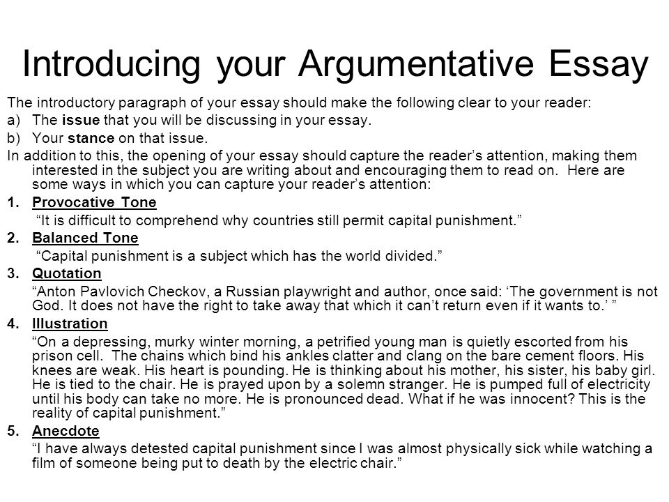 Introducing your Argumentative Essay The introductory paragraph of your essay should make the following clear to your reader: a)The issue that you will be discussing in your essay.