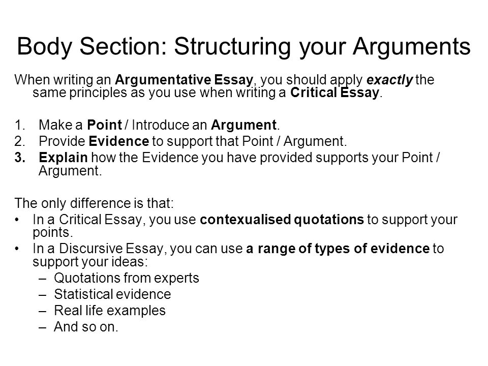 Body Section: Structuring your Arguments When writing an Argumentative Essay, you should apply exactly the same principles as you use when writing a Critical Essay.