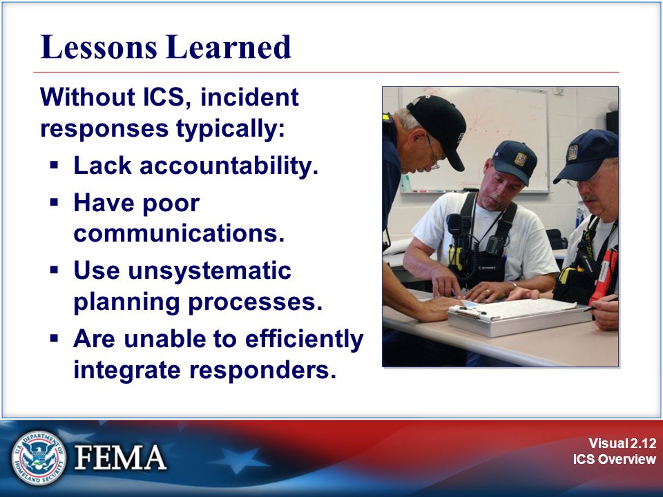 Visual 2.12 ICS Overview Lessons Learned Without ICS, incident responses typically:  Lack accountability.