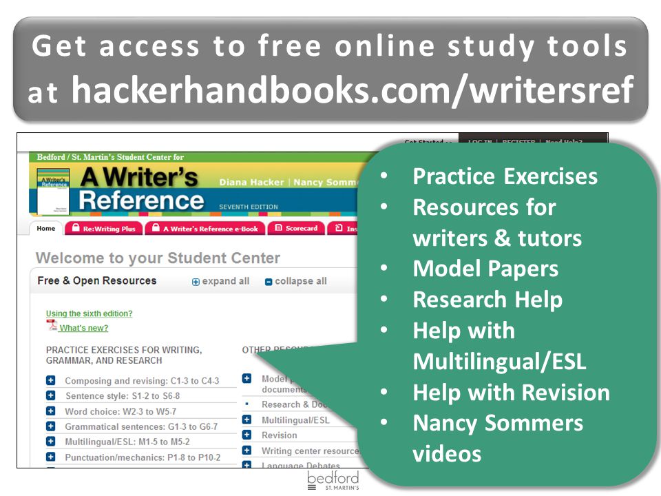 Get access to free online study tools at hackerhandbooks.com/writersref Practice Exercises Resources for writers & tutors Model Papers Research Help Help with Multilingual/ESL Help with Revision Nancy Sommers videos