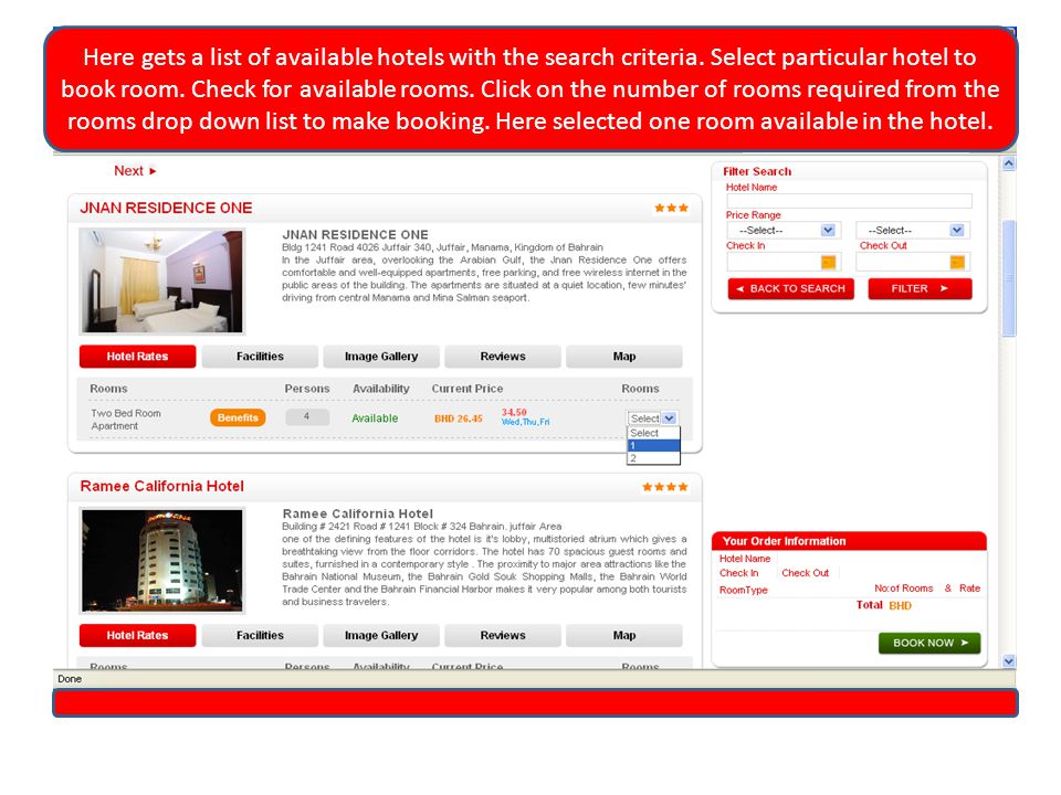 Here gets a list of available hotels with the search criteria.
