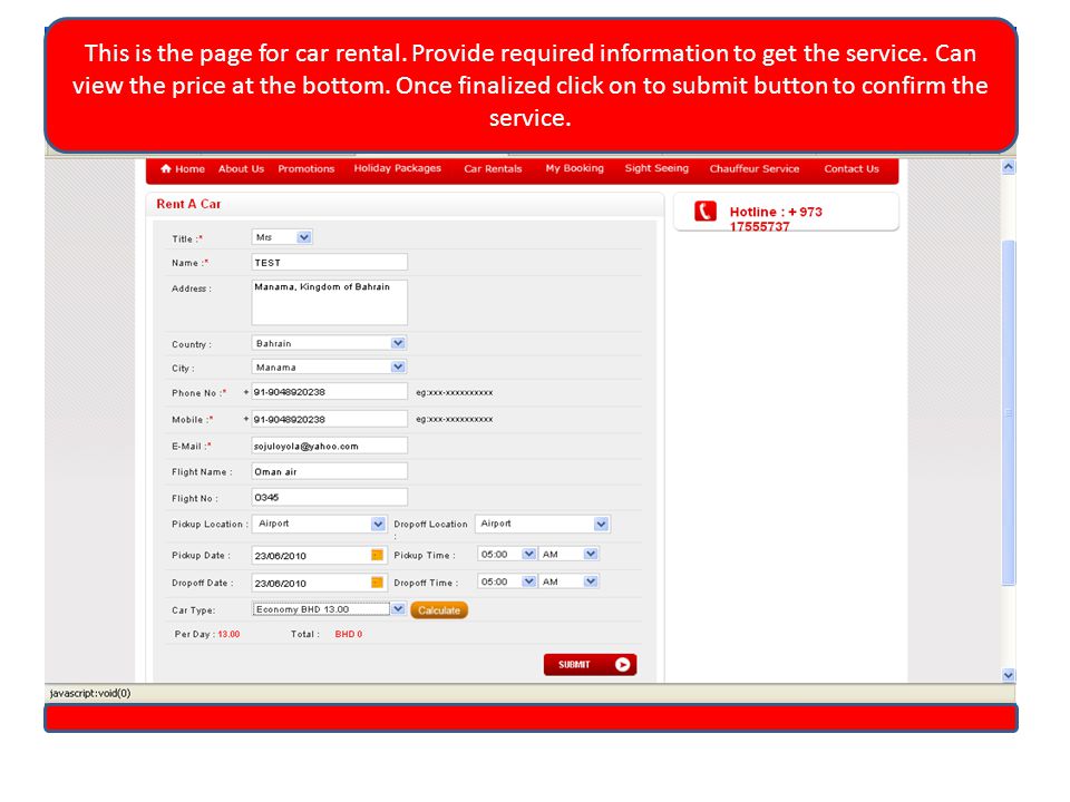 This is the page for car rental. Provide required information to get the service.