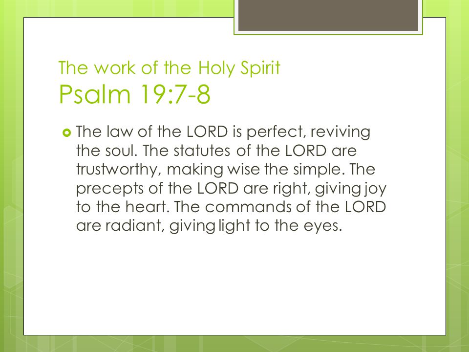 The work of the Holy Spirit Psalm 19:7-8  The law of the LORD is perfect, reviving the soul.