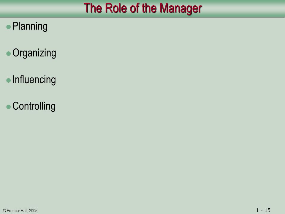 © Prentice Hall, The Role of the Manager Planning Organizing Influencing Controlling