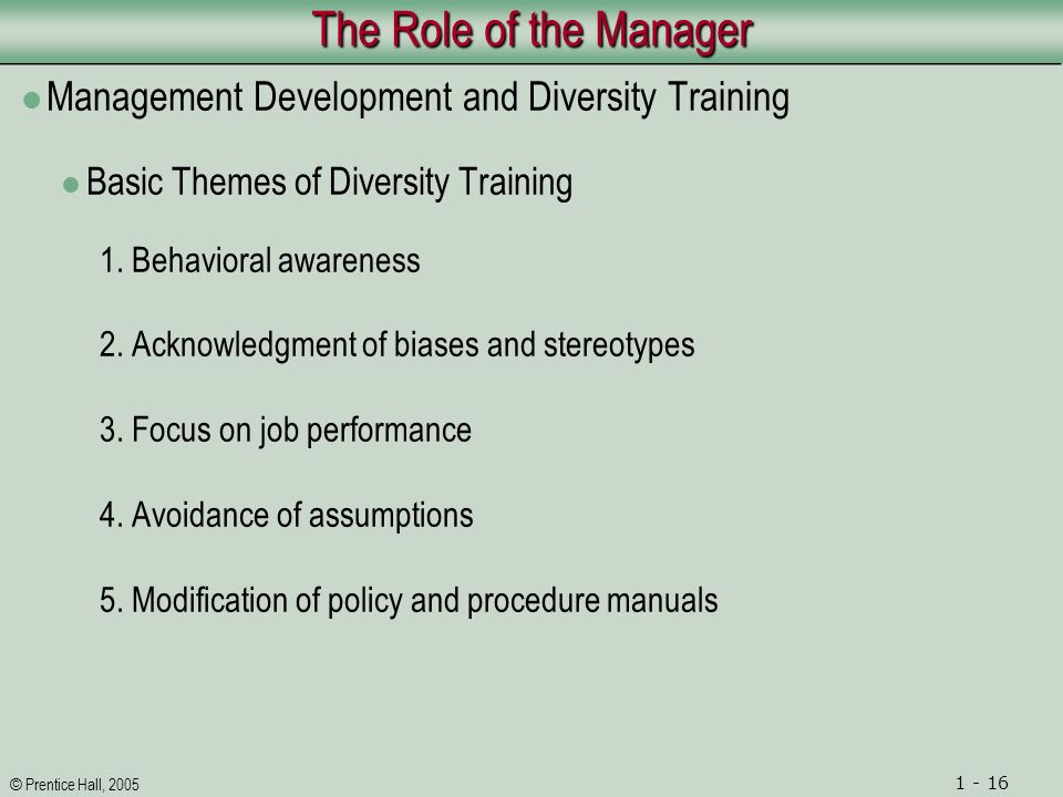 © Prentice Hall, The Role of the Manager Management Development and Diversity Training Basic Themes of Diversity Training 1.