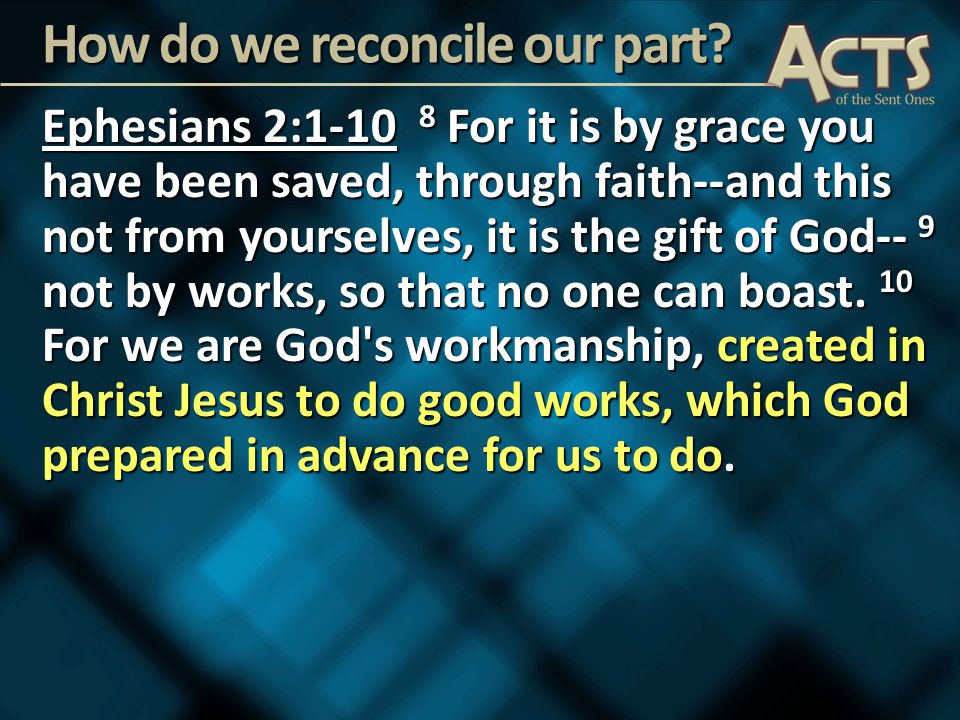 Ephesians 2: For it is by grace you have been saved, through faith--and this not from yourselves, it is the gift of God-- 9 not by works, so that no one can boast.