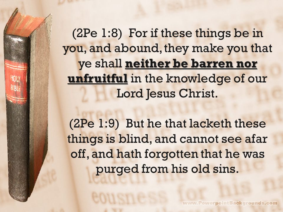 neither be barren nor unfruitful (2Pe 1:8) For if these things be in you, and abound, they make you that ye shall neither be barren nor unfruitful in the knowledge of our Lord Jesus Christ.