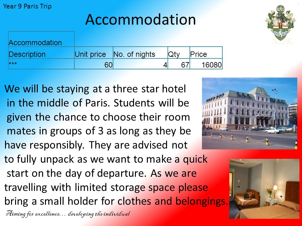 Year 9 Paris Trip Aiming for excellence… developing the individual Travel DescriptionUnit priceNo.