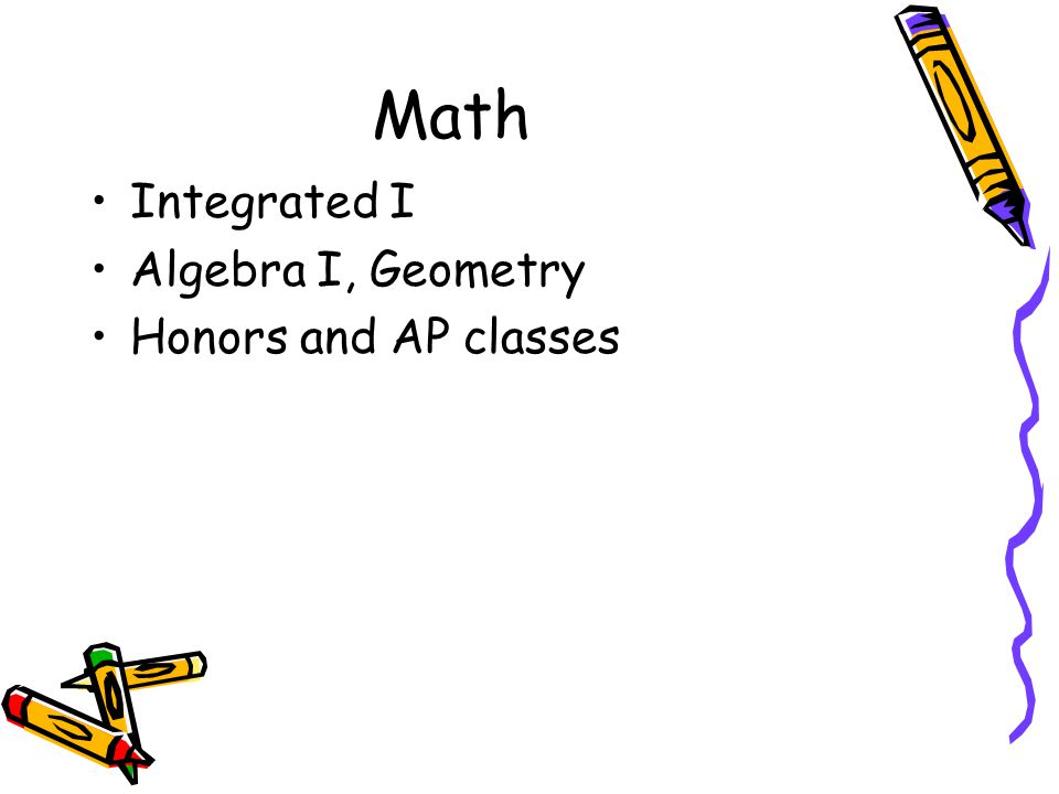 Math Integrated I Algebra I, Geometry Honors and AP classes