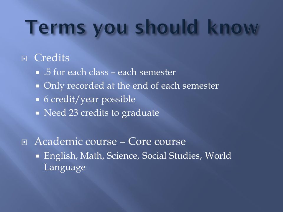  Credits .5 for each class – each semester  Only recorded at the end of each semester  6 credit/year possible  Need 23 credits to graduate  Academic course – Core course  English, Math, Science, Social Studies, World Language