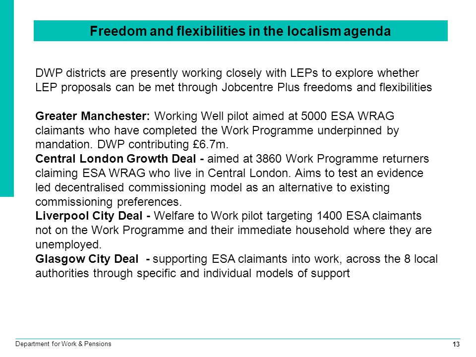 13 Department for Work & Pensions Freedom and flexibilities in the localism agenda DWP districts are presently working closely with LEPs to explore whether LEP proposals can be met through Jobcentre Plus freedoms and flexibilities Greater Manchester: Working Well pilot aimed at 5000 ESA WRAG claimants who have completed the Work Programme underpinned by mandation.