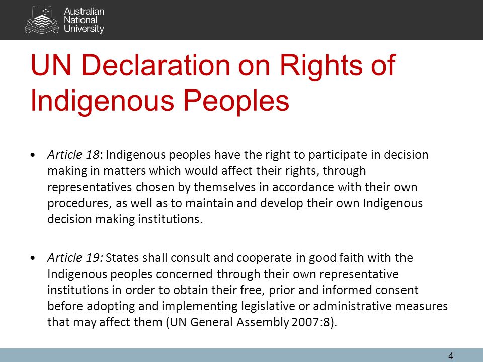 4 UN Declaration on Rights of Indigenous Peoples Article 18: Indigenous peoples have the right to participate in decision making in matters which would affect their rights, through representatives chosen by themselves in accordance with their own procedures, as well as to maintain and develop their own Indigenous decision making institutions.