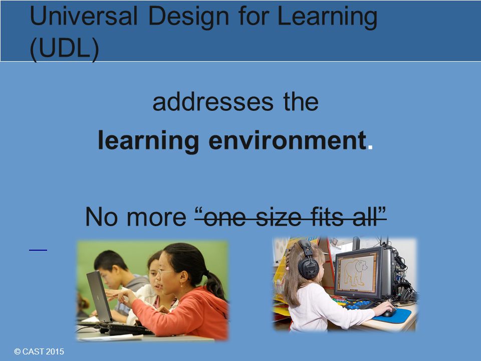 © CAST 2015 Universal Design for Learning (UDL) addresses the learning environment.