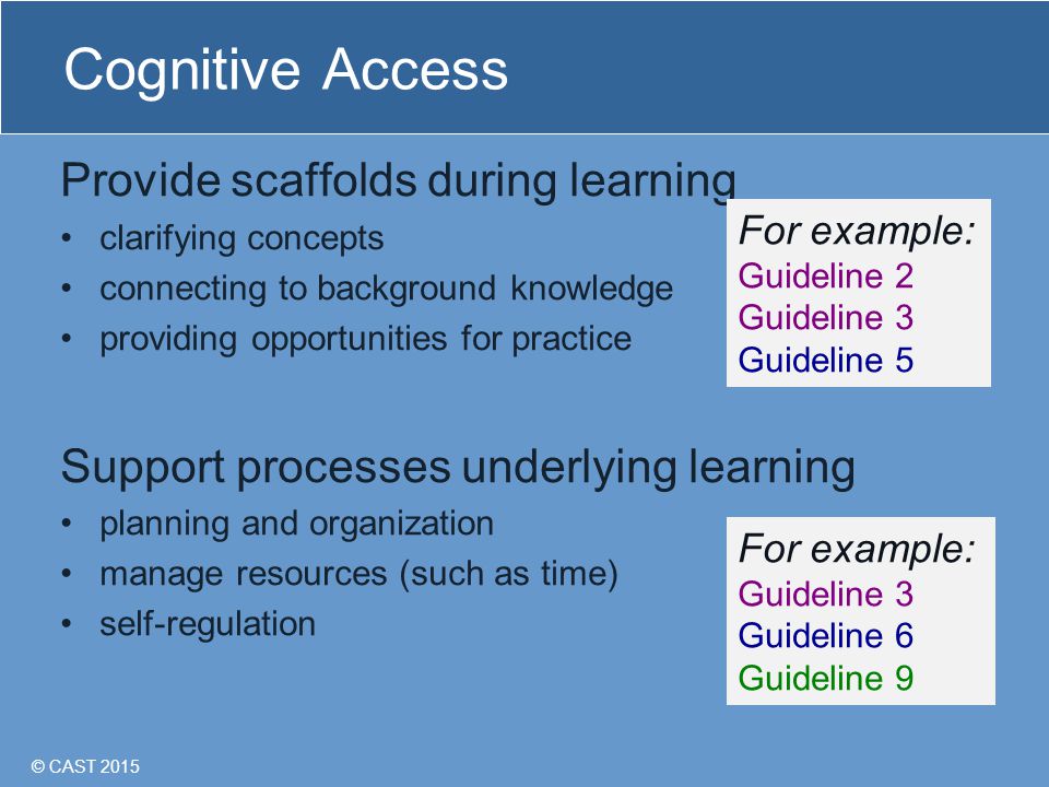 © CAST 2015 Cognitive Access Provide scaffolds during learning clarifying concepts connecting to background knowledge providing opportunities for practice Support processes underlying learning planning and organization manage resources (such as time) self-regulation For example: Guideline 2 Guideline 3 Guideline 5 For example: Guideline 3 Guideline 6 Guideline 9