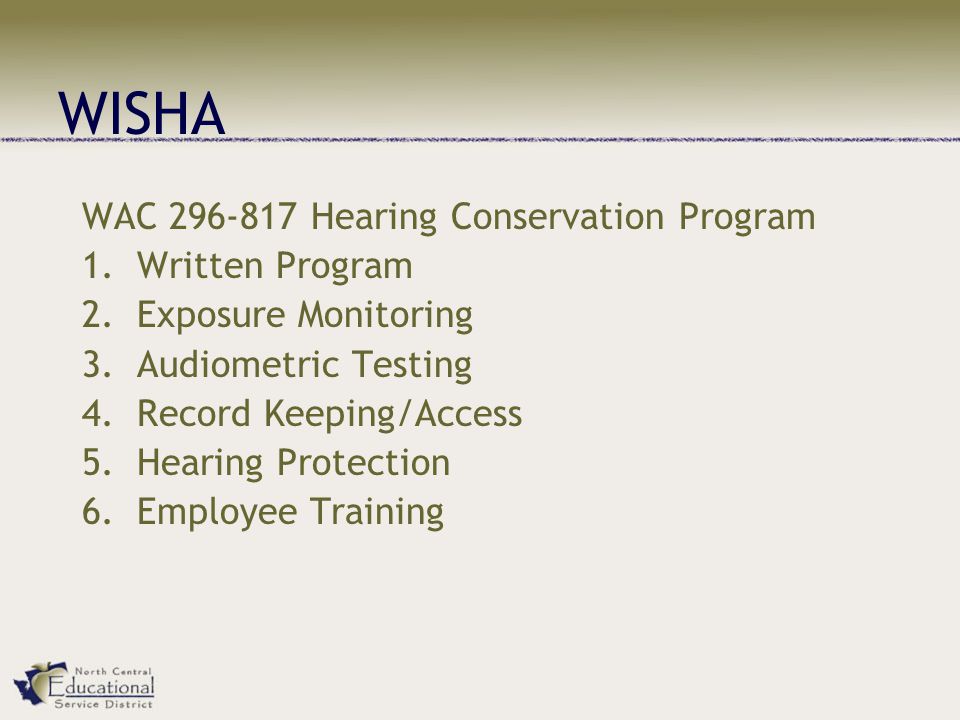 WISHA WAC Hearing Conservation Program 1. Written Program 2.