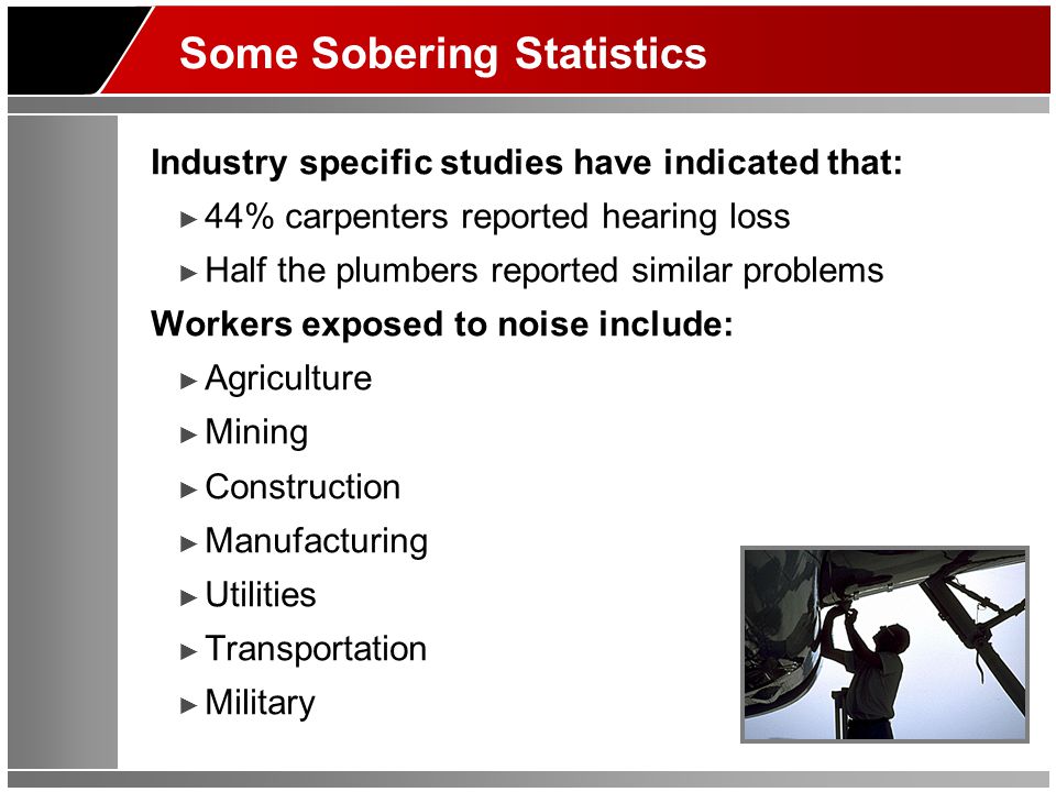 Some Sobering Statistics Industry specific studies have indicated that: ► 44% carpenters reported hearing loss ► Half the plumbers reported similar problems Workers exposed to noise include: ► Agriculture ► Mining ► Construction ► Manufacturing ► Utilities ► Transportation ► Military