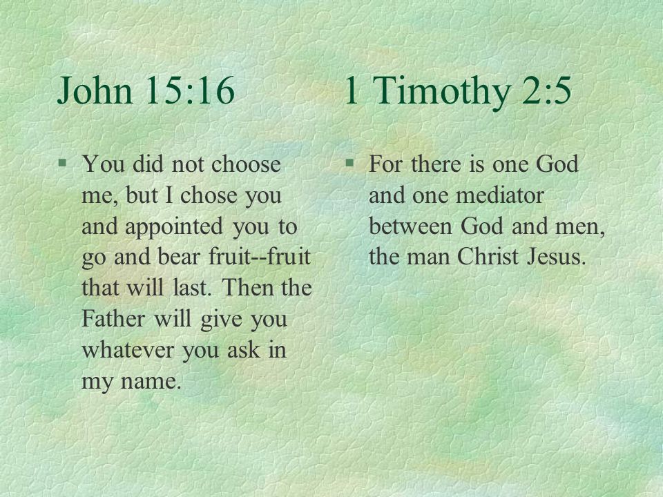 John 15:16 1 Timothy 2:5 §You did not choose me, but I chose you and appointed you to go and bear fruit--fruit that will last.