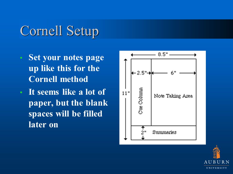 Cornell Setup Set your notes page up like this for the Cornell method It seems like a lot of paper, but the blank spaces will be filled later on