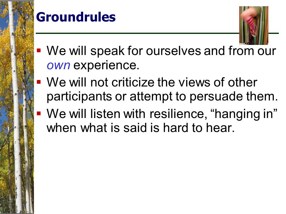 Groundrules  We will speak for ourselves and from our own experience.