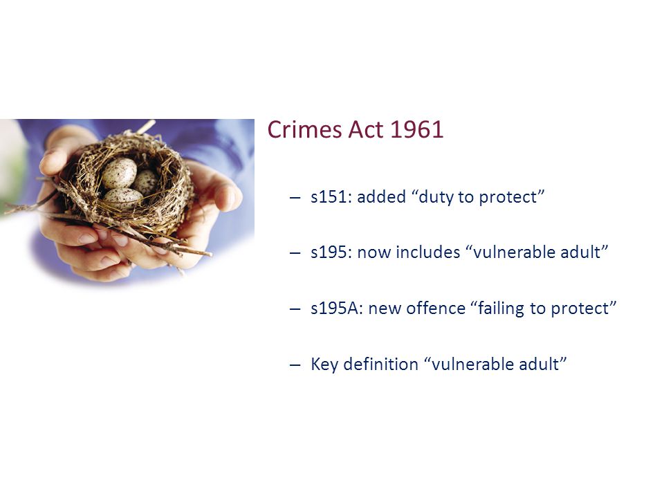 Crimes Act 1961 – s151: added duty to protect – s195: now includes vulnerable adult – s195A: new offence failing to protect – Key definition vulnerable adult