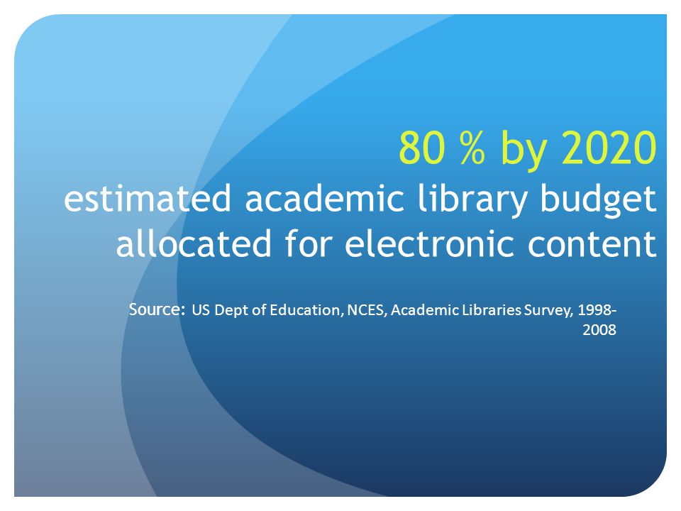 80 % by 2020 estimated academic library budget allocated for electronic content Source: US Dept of Education, NCES, Academic Libraries Survey,