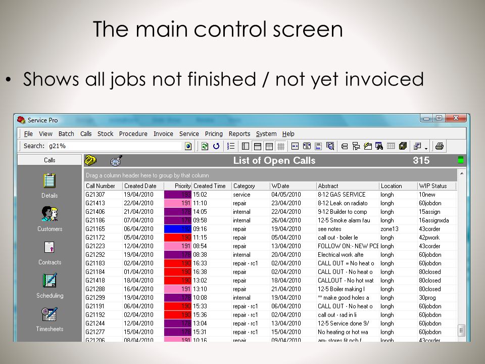 The main control screen Shows all jobs not finished / not yet invoiced