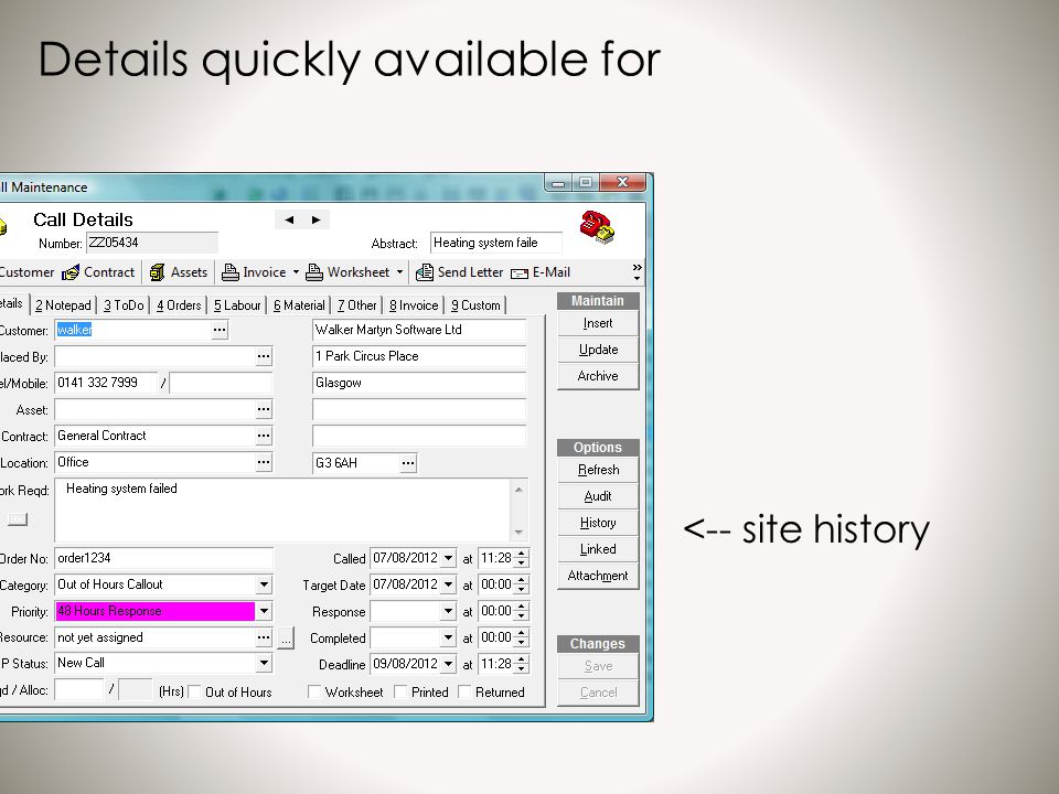 Details quickly available for <-- site history