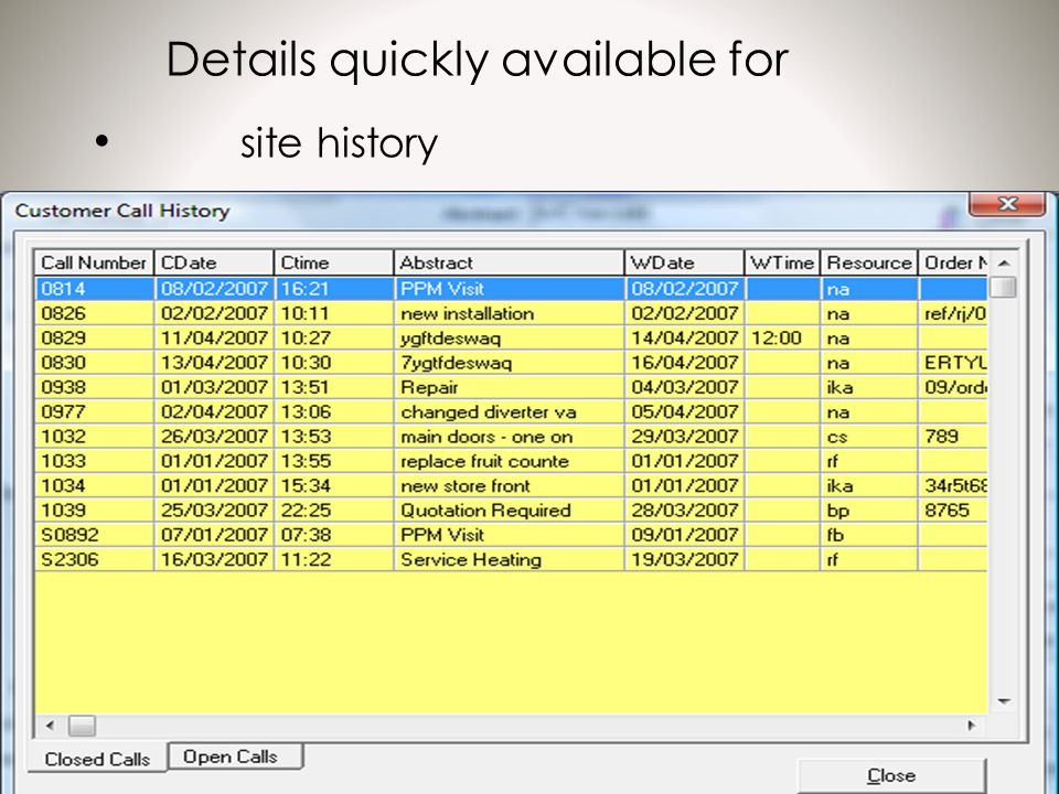 Details quickly available for site history