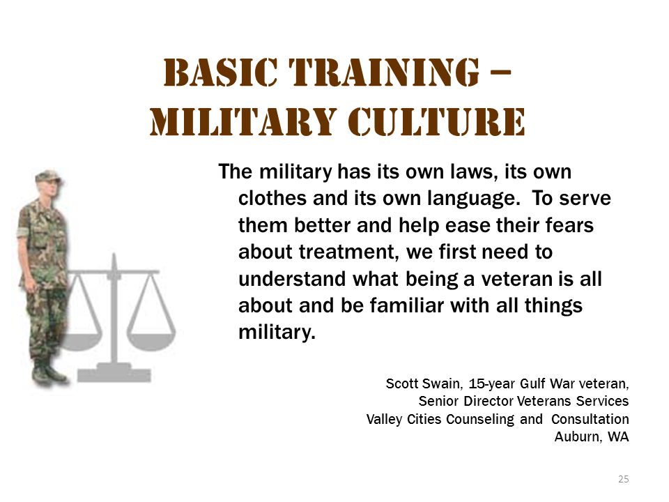 25 Basic Training – Military Culture The military has its own laws, its own clothes and its own language.