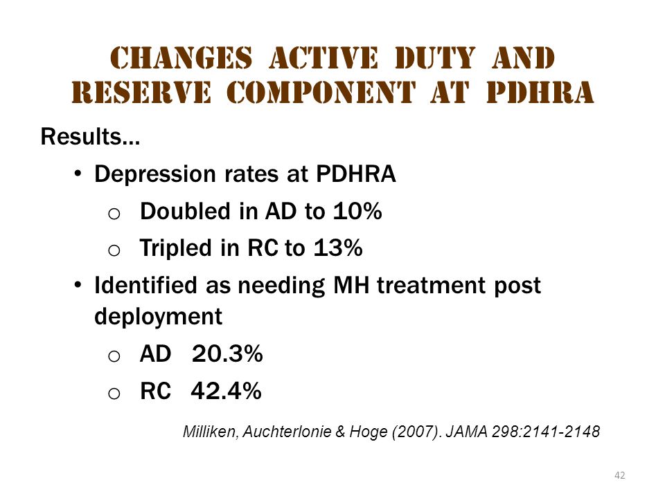 42 Changes Active Duty and Reserve Component at pdhra Results… Depression rates at PDHRA o Doubled in AD to 10% o Tripled in RC to 13% Identified as needing MH treatment post deployment o AD 20.3% o RC 42.4% Milliken, Auchterlonie & Hoge (2007).