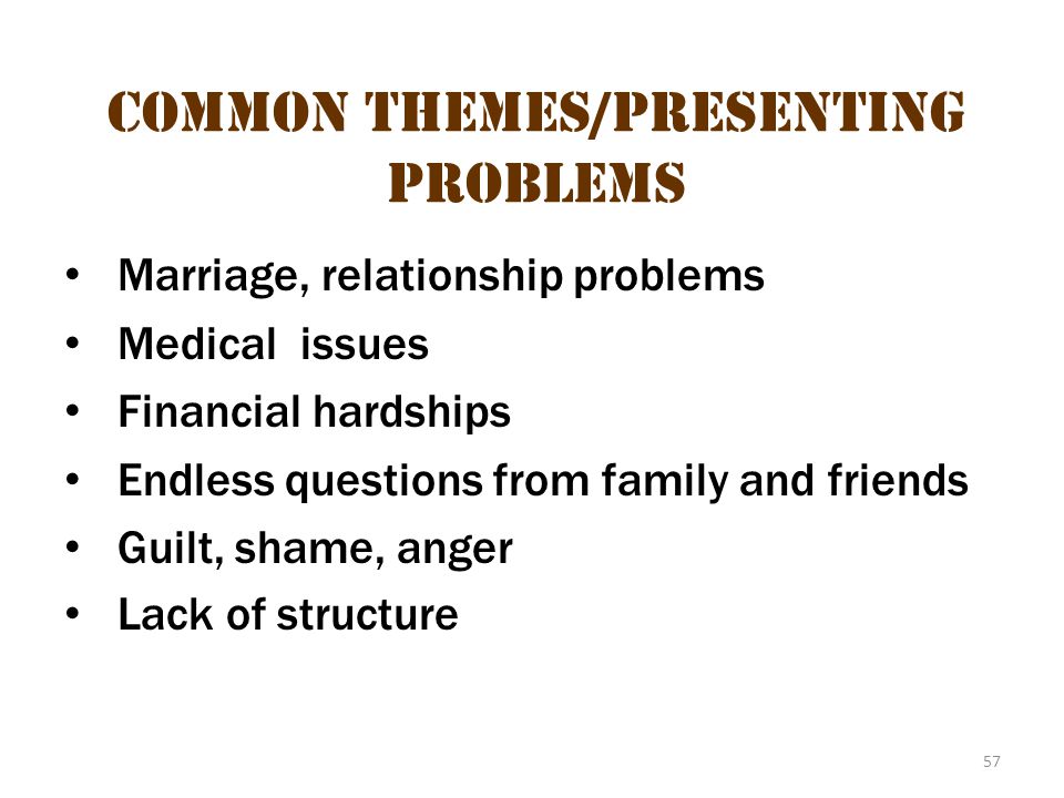57 Marriage, relationship problems Medical issues Financial hardships Endless questions from family and friends Guilt, shame, anger Lack of structure Common themes/presenting problems