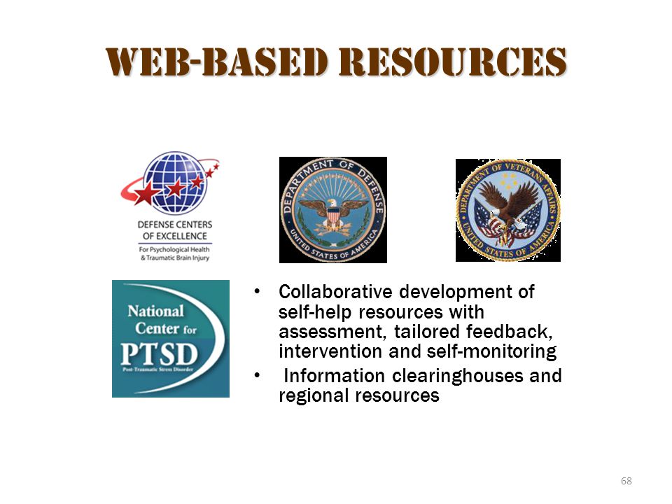68 Web-Based Resources Collaborative development of self-help resources with assessment, tailored feedback, intervention and self-monitoring Information clearinghouses and regional resources