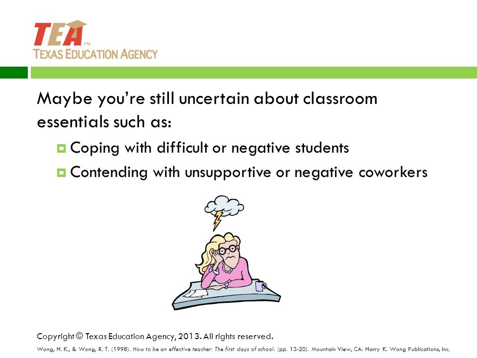 Maybe you’re still uncertain about classroom essentials such as:  Coping with difficult or negative students  Contending with unsupportive or negative coworkers Copyright © Texas Education Agency, 2013.