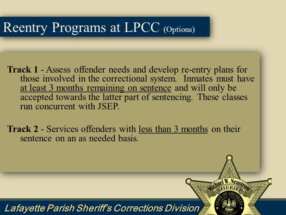 Track 1 - Assess offender needs and develop re-entry plans for those involved in the correctional system.