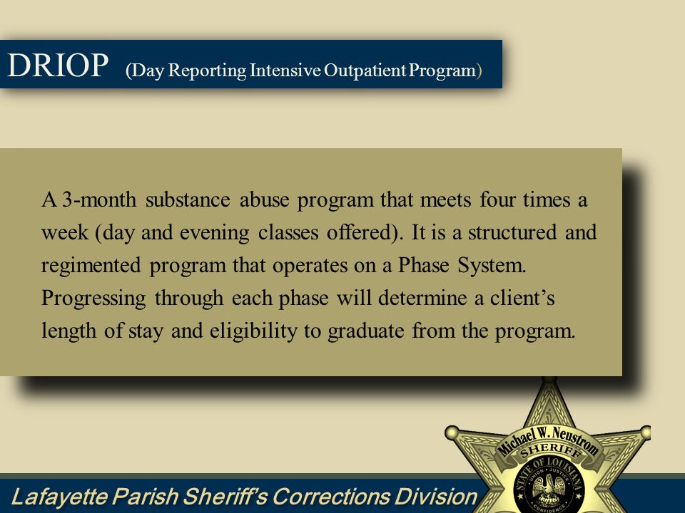 A 3-month substance abuse program that meets four times a week (day and evening classes offered).
