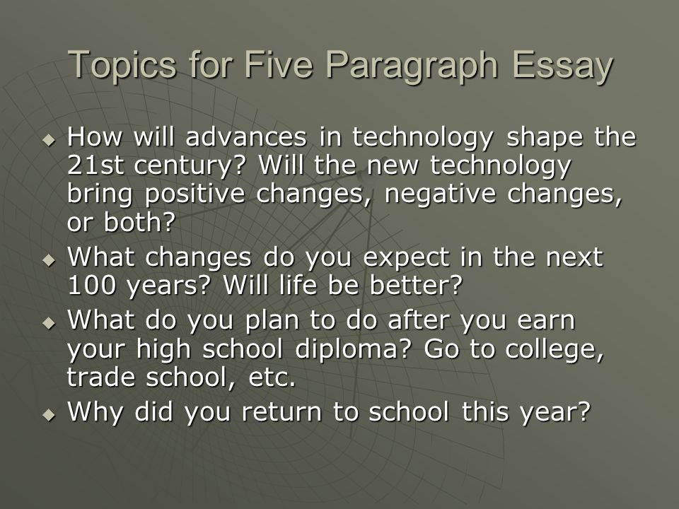 Topics for Five Paragraph Essay  How will advances in technology shape the 21st century.