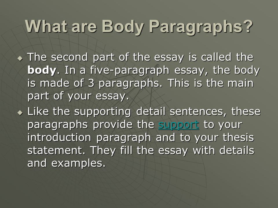 What are Body Paragraphs.  The second part of the essay is called the body.
