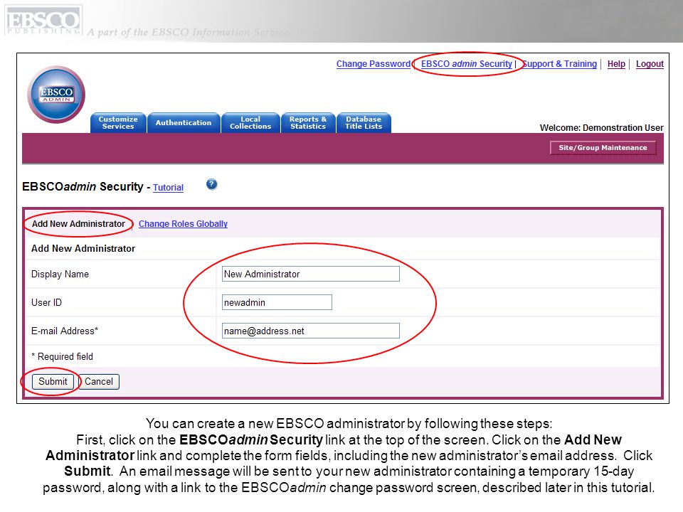 You can create a new EBSCO administrator by following these steps: First, click on the EBSCOadmin Security link at the top of the screen.