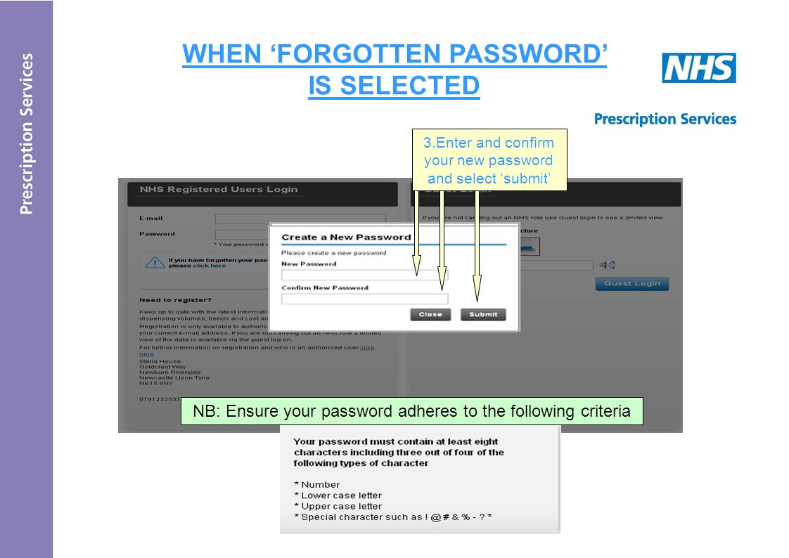 WHEN ‘FORGOTTEN PASSWORD’ IS SELECTED 3.Enter and confirm your new password and select ‘submit’ NB: Ensure your password adheres to the following criteria