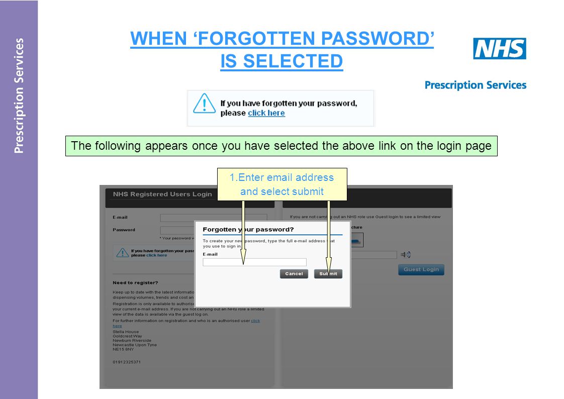 WHEN ‘FORGOTTEN PASSWORD’ IS SELECTED 1.Enter  address and select submit The following appears once you have selected the above link on the login page