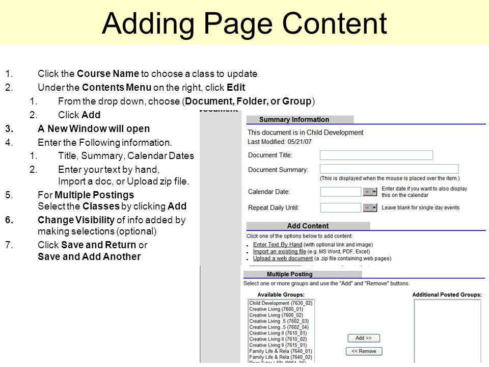 Adding Page Content 1.Click the Course Name to choose a class to update.